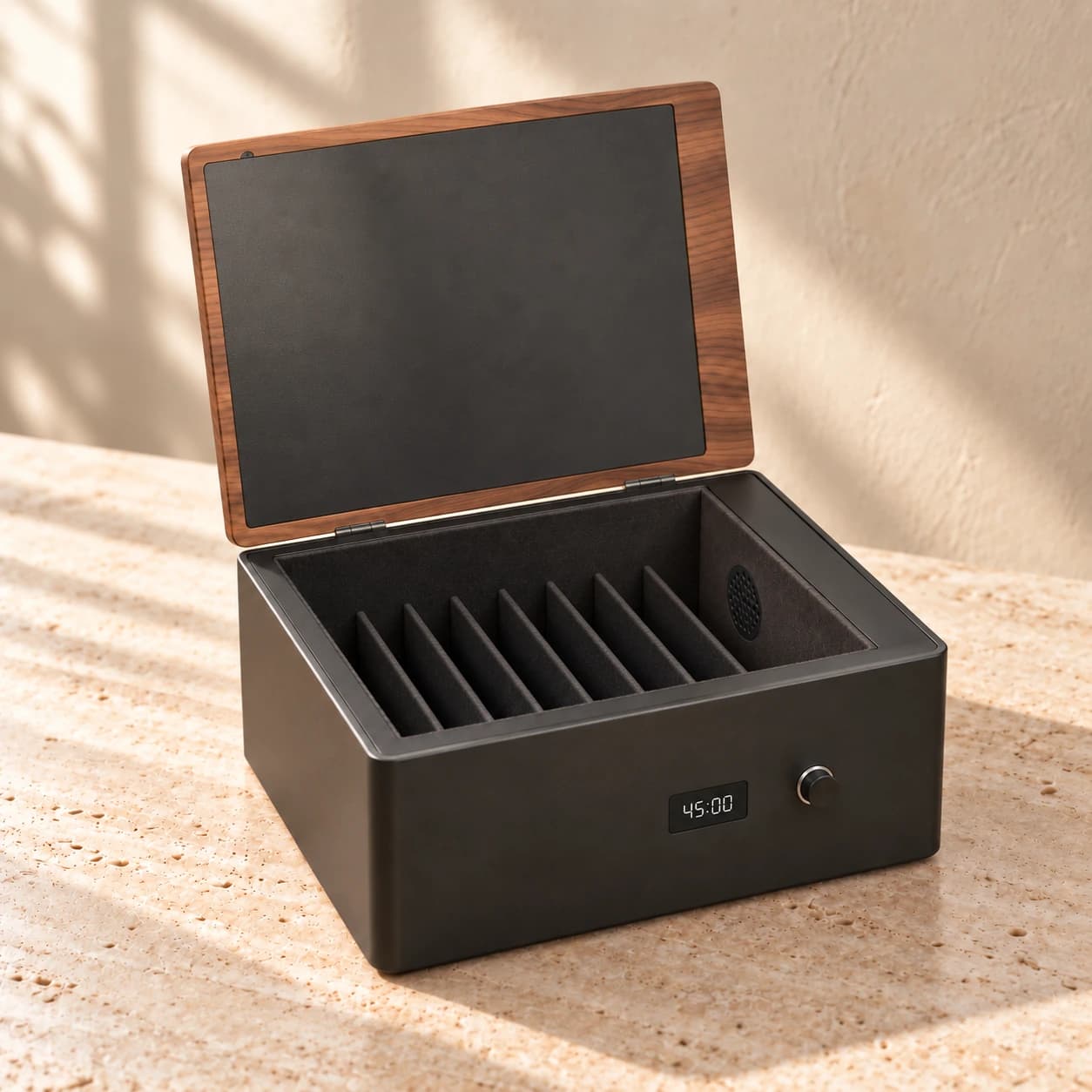Realistic render of Presence Box Pro with a walnut lid, graphite body and eight empty phone slots